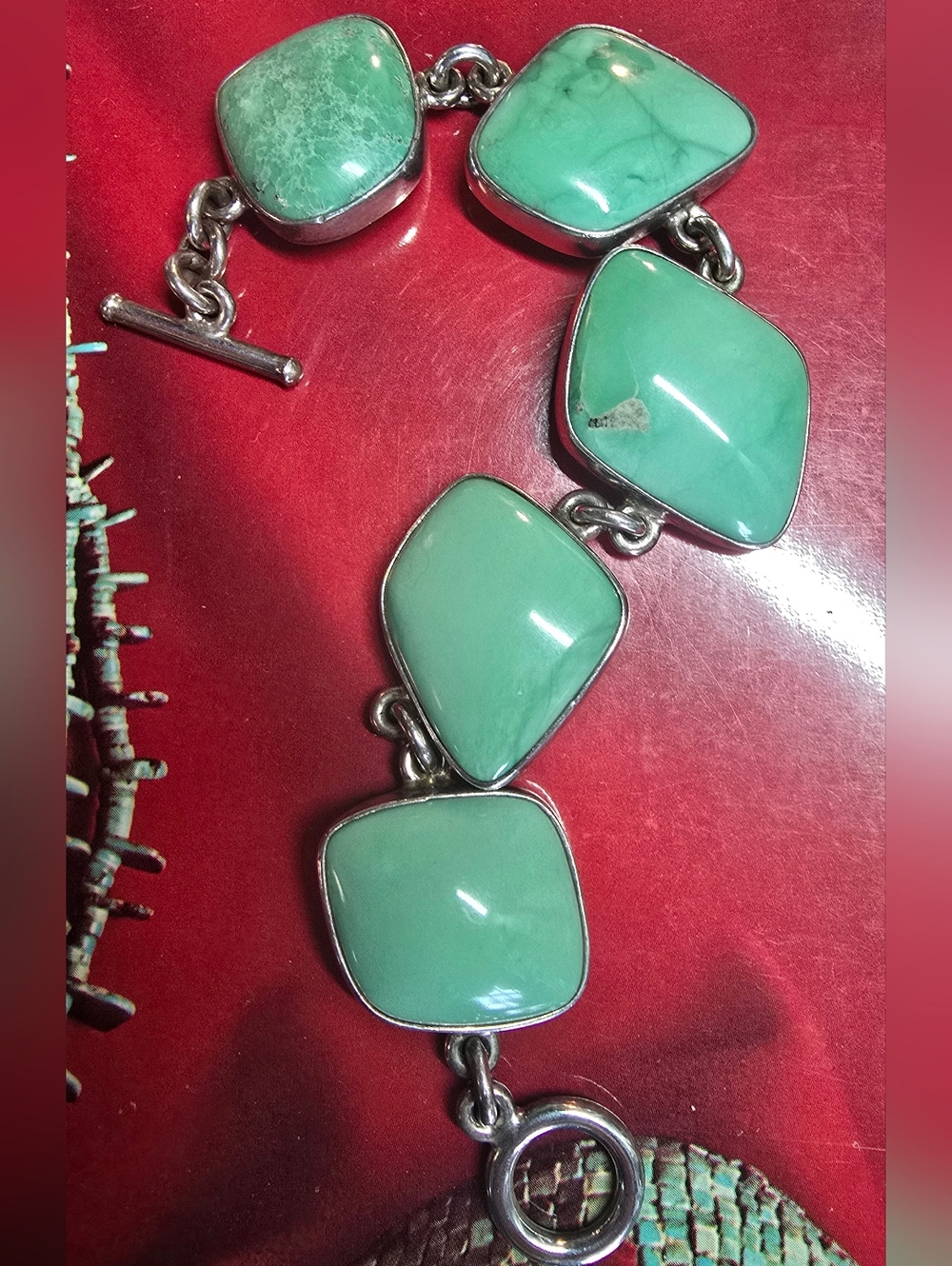 Vintage Soutwest-inspired Sterling Silver And Variscite Cabochan Toggle Bracelet